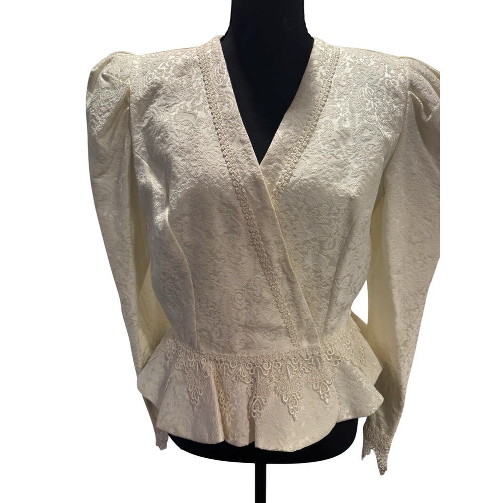 Vintage Cachet Ivory Floral Lace V-Neck Peplum Puff Long Sleeve Blouse L 4612